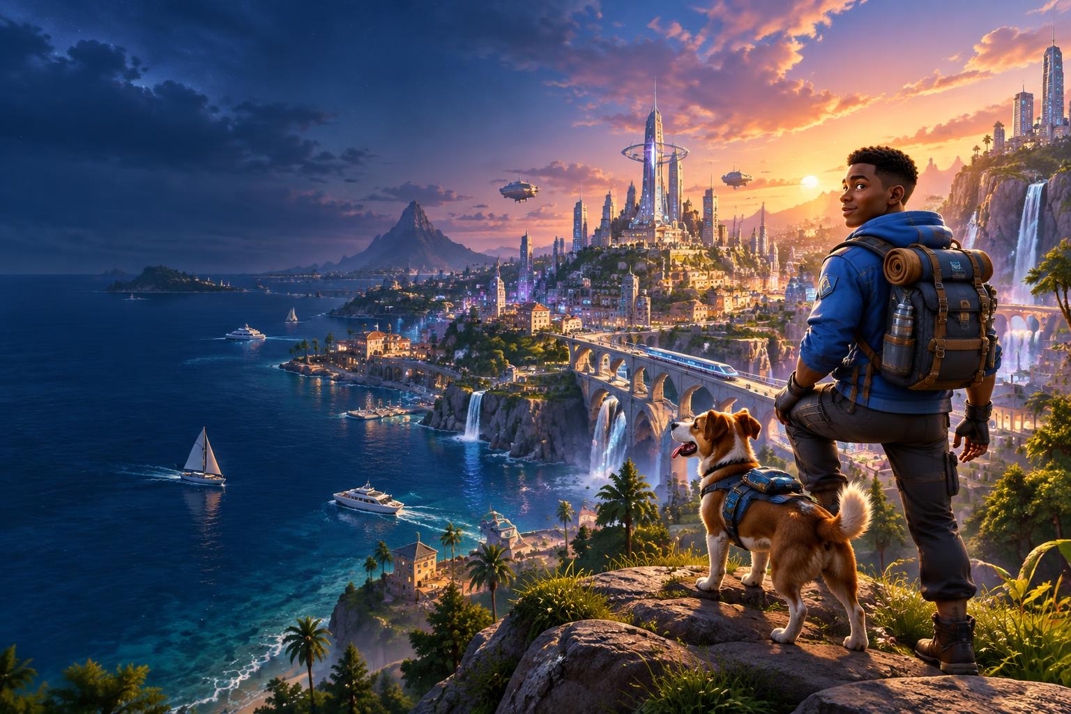 A Black player and his dog overlooking the districts and homes of RamQuest