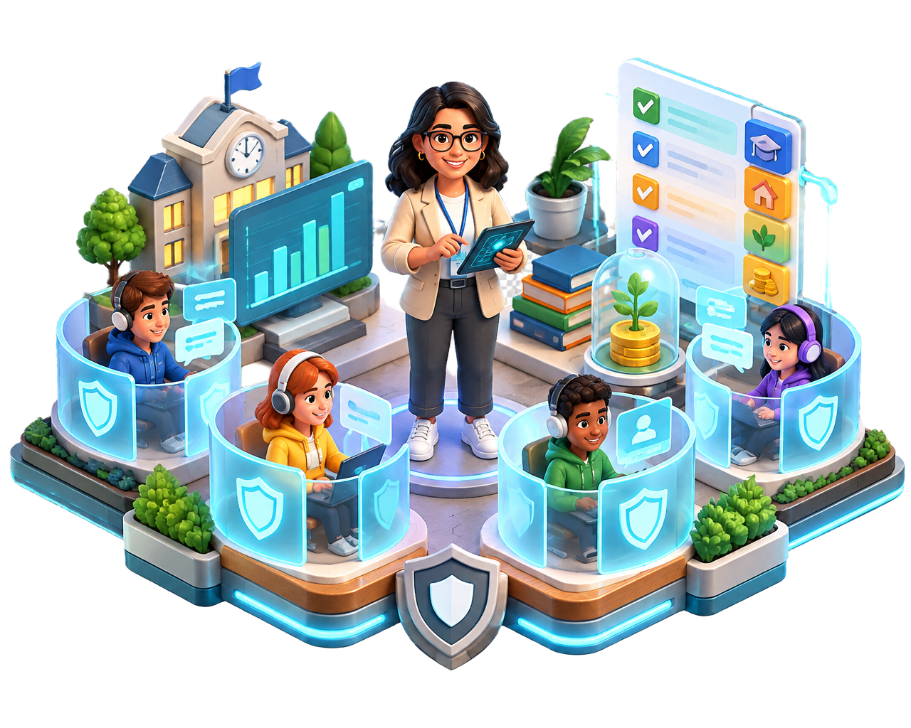 A school-managed RamQuest classroom with protected accounts, moderation and evaluation tools
