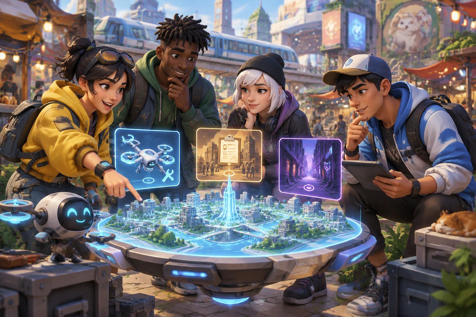 A stylized RamQuest squad choosing between a repair, a city job and a mysterious lead