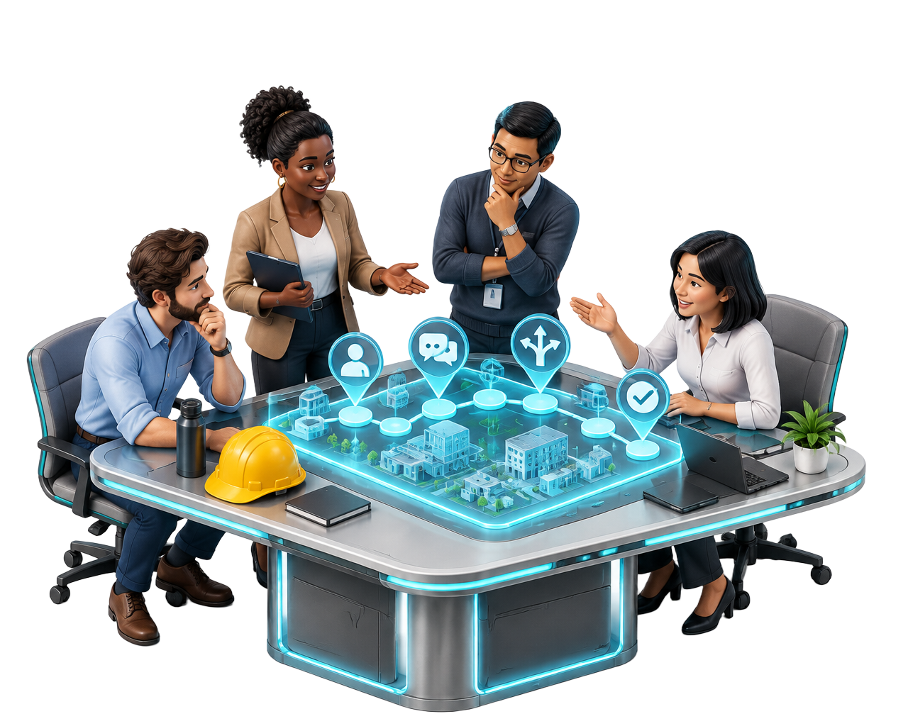 A workplace team practicing job scenarios around a futuristic training table